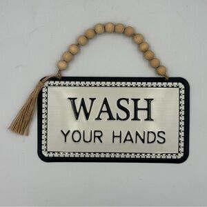 NWOT Boho “Wash Your Hands” Navy & White Sign With Beaded Hanger Bath/Kitchen